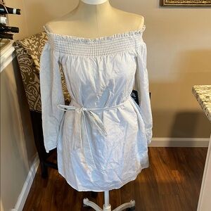 Express striped off the shoulder dress with belt.